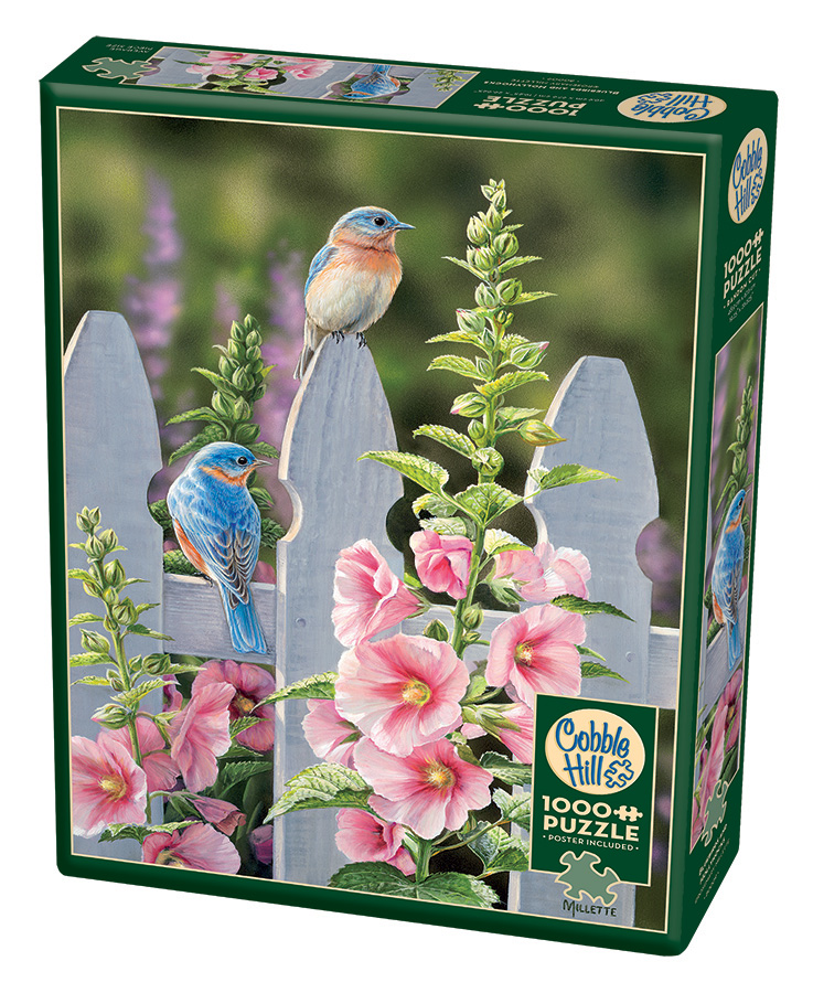 Blue Birds and Hollyhocks