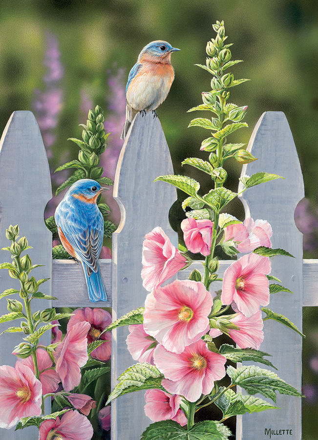 Blue Birds and Hollyhocks